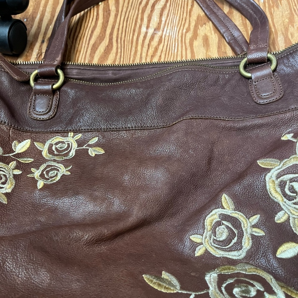Gold embroidered brown faux leather bag - Picture 3 of 6